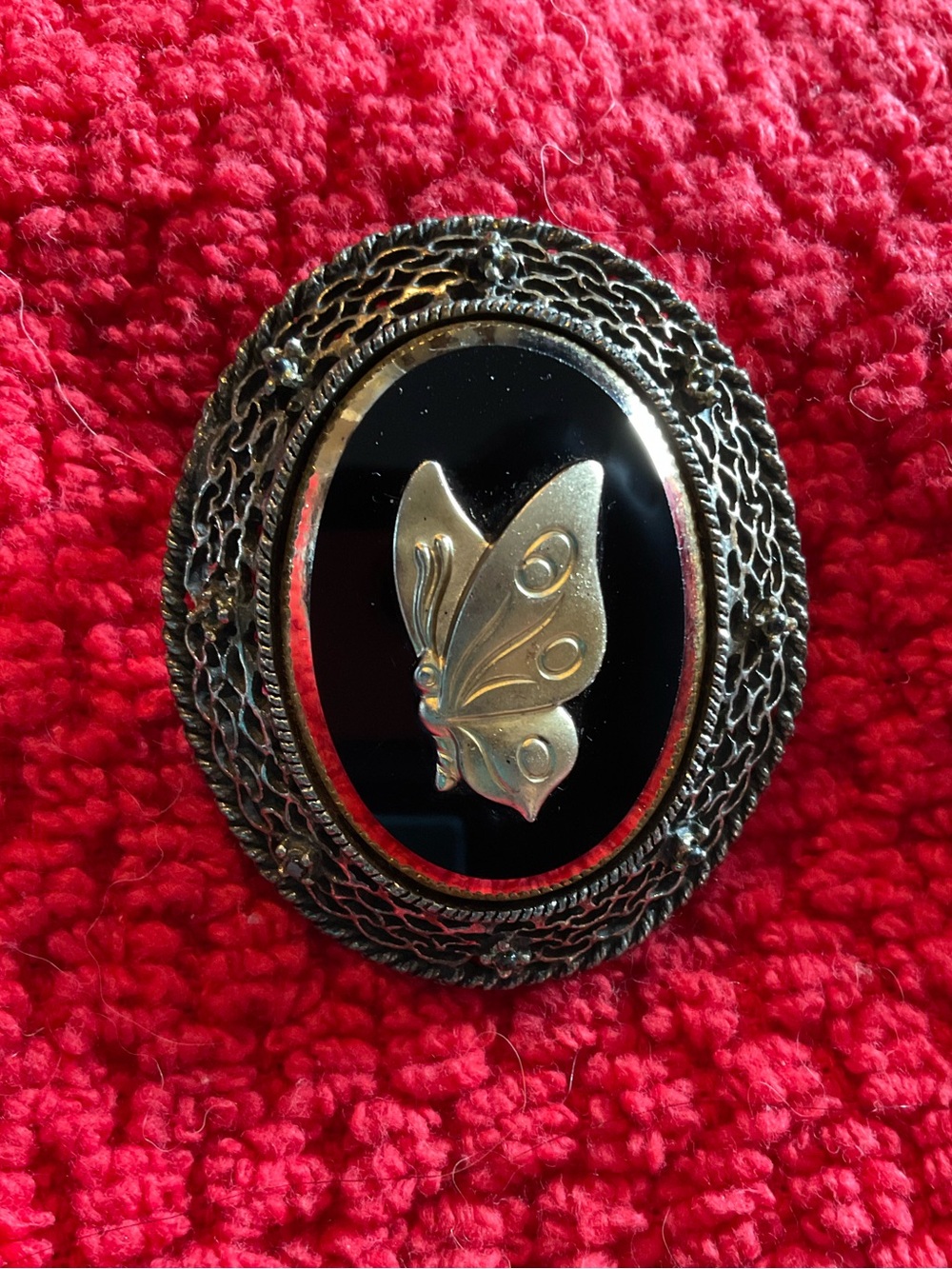 Vintage Gold Butterfly Black Onyx Oval Brooch w/Bale - Women Jewelry Brooches